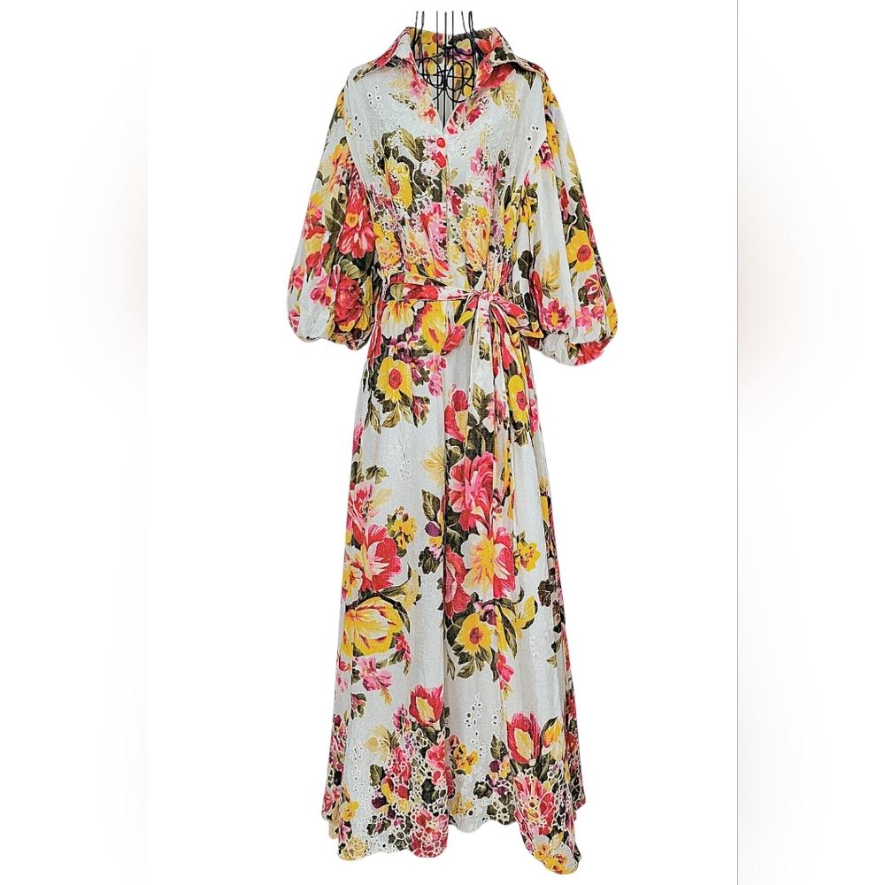 YADY Boutique Floral Maxi Dress Cotton Eyelet Tie Waist Puff Sleeve L/XL